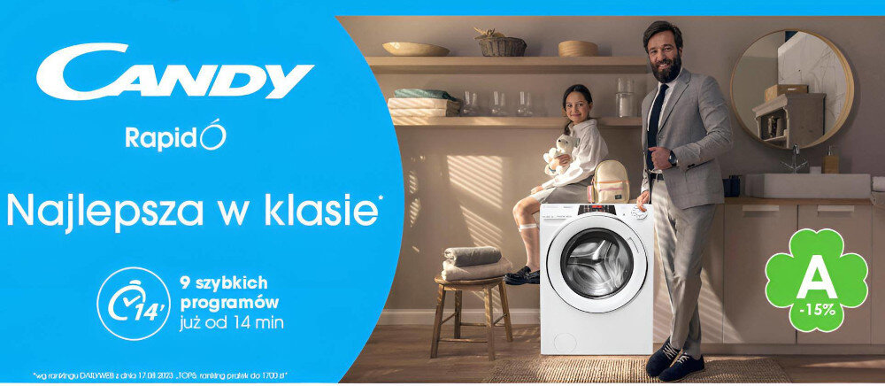 Reklama pralki CANDY RapidÓ z napisem \'Najlepsza w klasie\' oraz informacją o 9 szybkich programach już od 14 minut. Obok pralki stoi mężczyzna i kobieta, a w prawym dolnym rogu widnieje zielony symbol z literą \'A\' i napisem \'-15%\'.