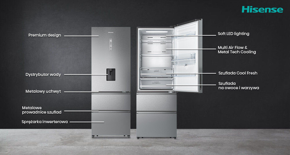 Dwie lodówki Hisense, jedna zamknięta, druga otwarta, z widocznymi półkami i szufladami. Na obrazie znajdują się napisy: \'Premium design\', \'Dystrybutor wody\', \'Metalowy uchwyt\', \'Metalowe prowadnice szuflad\', \'Sprężarka inwerterowa\', \'Soft LED lighting\', \'Multi Air Flow & Metal Tech Cooling\', \'Szuflada Cool Fresh\', \'Szuflada na owoce i warzywa\', oraz logo Hisense.