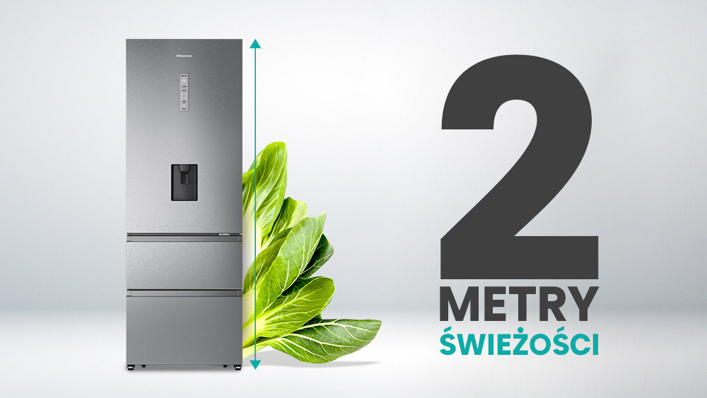 Na obrazie widoczna jest szara lodówka z dozownikiem wody, obok której znajdują się zielone liście. Po prawej stronie znajduje się napis \'2 METRY ŚWIEŻOŚCI\'.