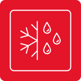 Czerwony kwadratowy znak z białą ikoną przedstawiającą po lewej stronie symbol płatka śniegu, a po prawej trzy krople wody.