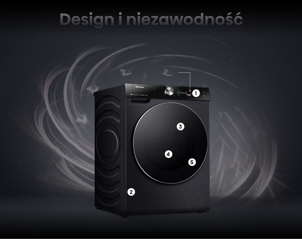 Czarna pralka z widocznymi oznaczeniami numerycznymi na drzwiach i panelu sterowania. Na górze obrazu znajduje się napis \'Design i niezawodność\'.
