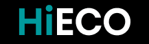 Logo z napisem \'HiECO\' na czarnym tle, gdzie litery \'Hi\' są w kolorze turkusowym, a \'ECO\' w kolorze białym.