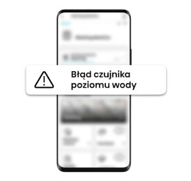 Na ekranie smartfona wyświetla się komunikat \'Błąd czujnika poziomu wody\' z ikoną ostrzegawczą. Tło ekranu jest rozmyte i nieczytelne.