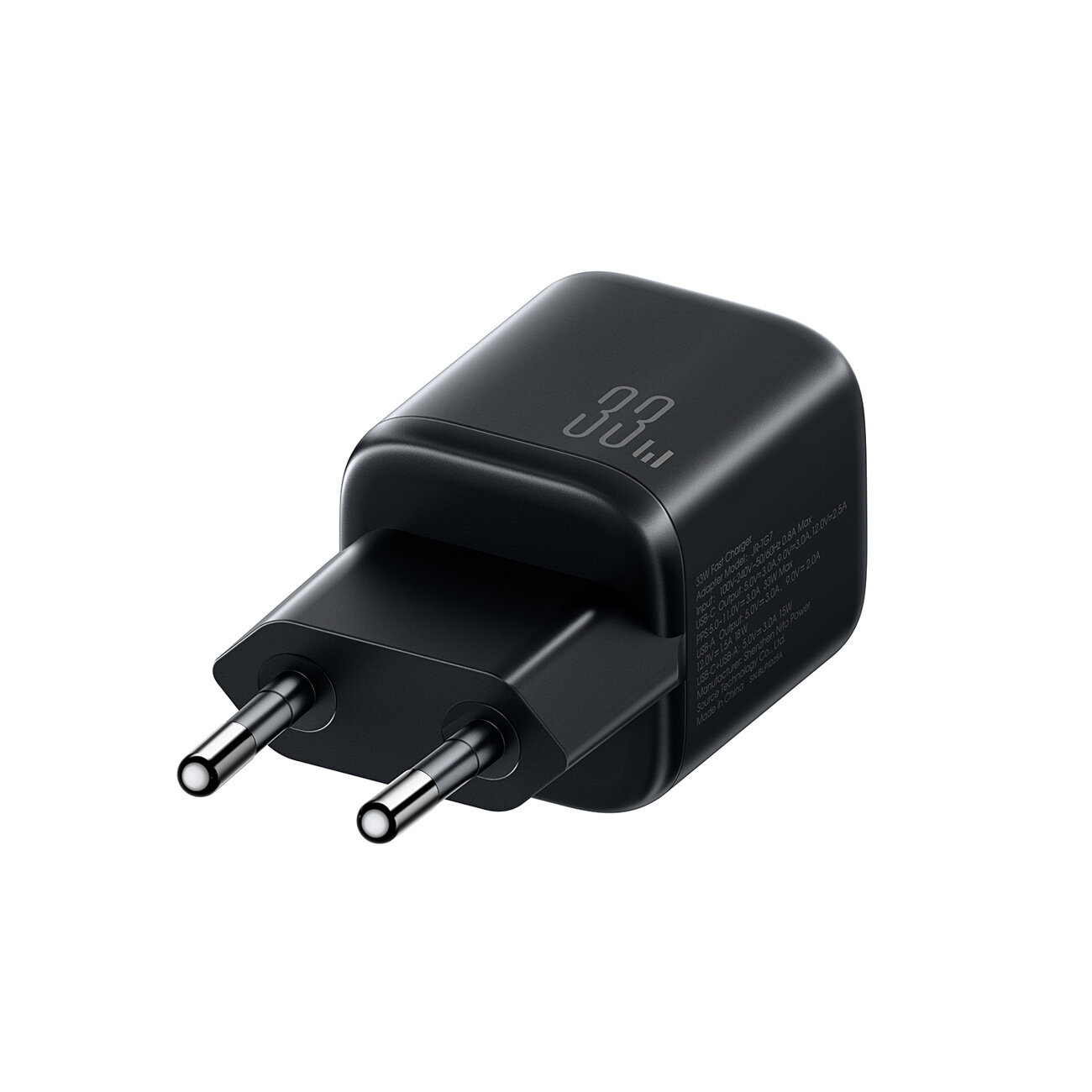Czarny adapter z dwoma metalowymi bolcami i oznaczeniem \'33W\' na obudowie. Na boku widoczny jest drobny tekst techniczny.