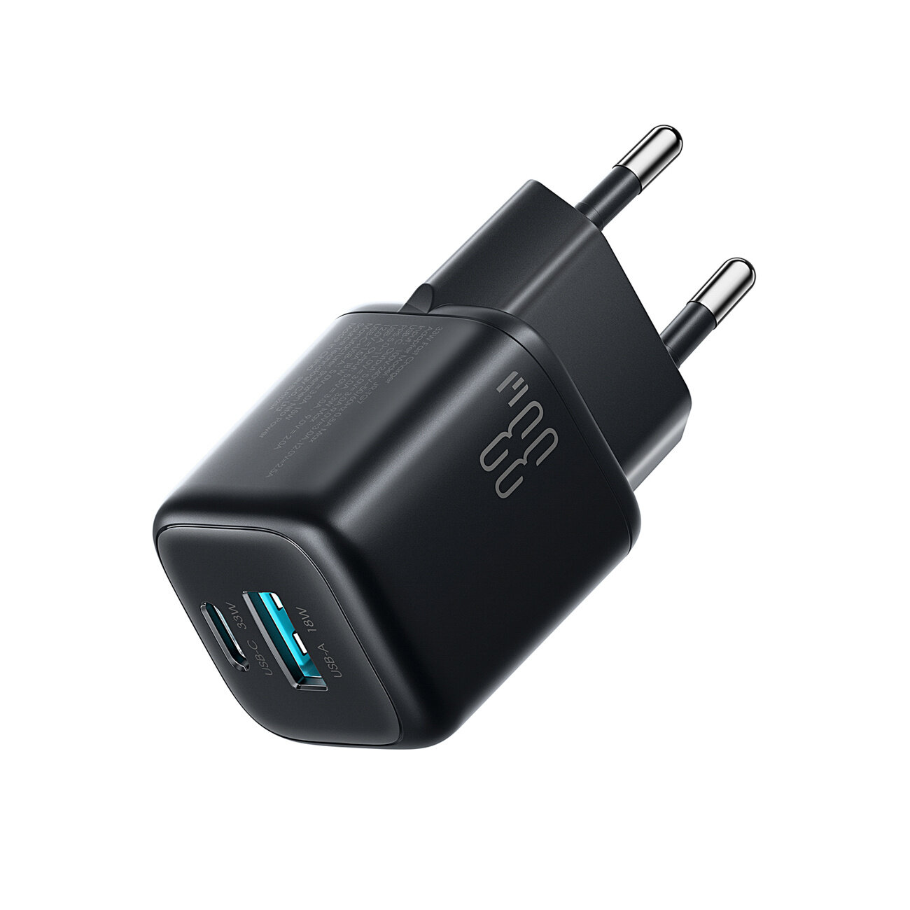 Czarny ładowarka z dwoma portami, jednym USB i jednym USB-C, z widocznym napisem \'33W\'.