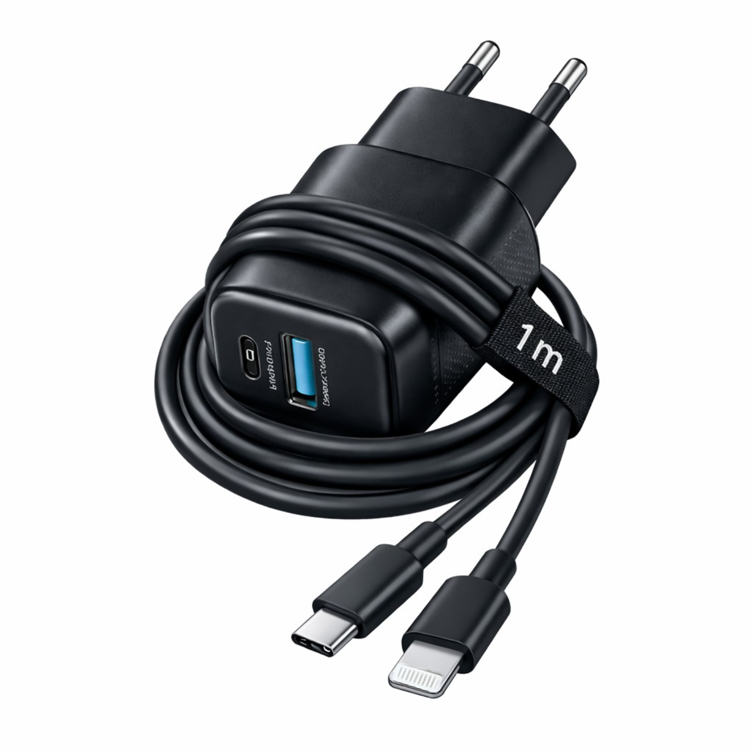 Czarny ładowarka z dwoma portami USB, z dołączonym kablem o długości 1 metra. Na ładowarce widoczny jest napis \'Super Si\' oraz \'33W Max\'.