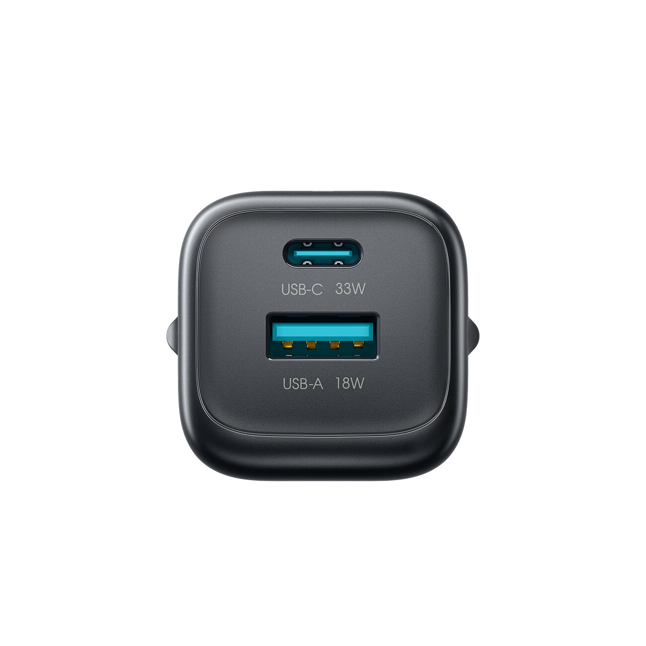 Czarny ładowarka z dwoma portami: USB-C oznaczony jako 33W i USB-A oznaczony jako 18W.
