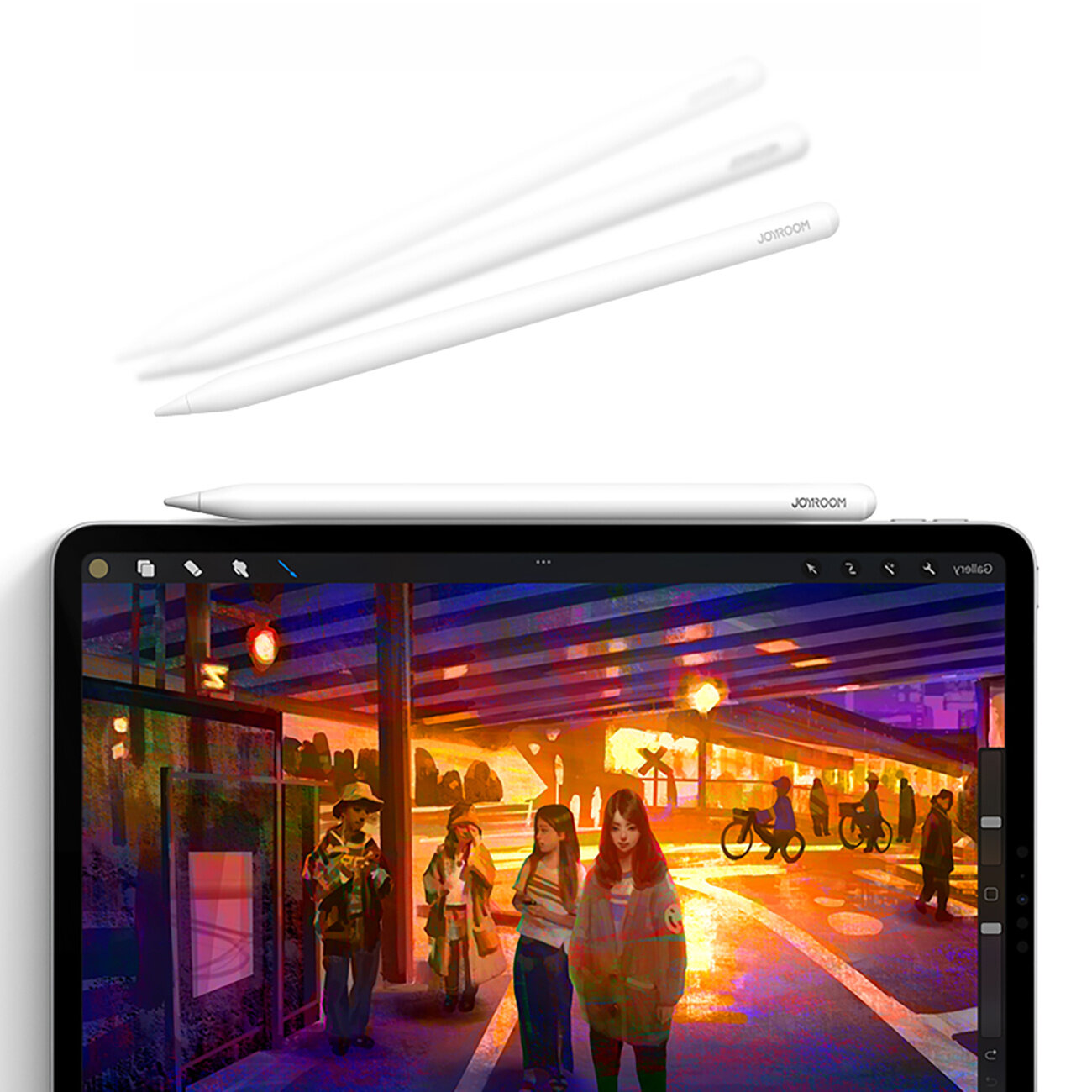 Na obrazie widoczny jest biały rysik z napisem \'JOYROOM\' oraz tablet z kolorową grafiką przedstawiającą ludzi i rowerzystów pod mostem.