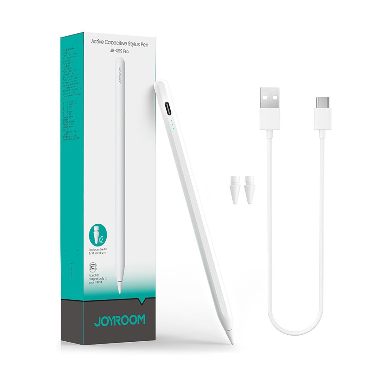 Na obrazie znajduje się biały rysik stylus, dwa wymienne końcówki oraz kabel USB-C. Opakowanie produktu ma turkusowo-czarną kolorystykę z napisem \'JOYROOM\'.