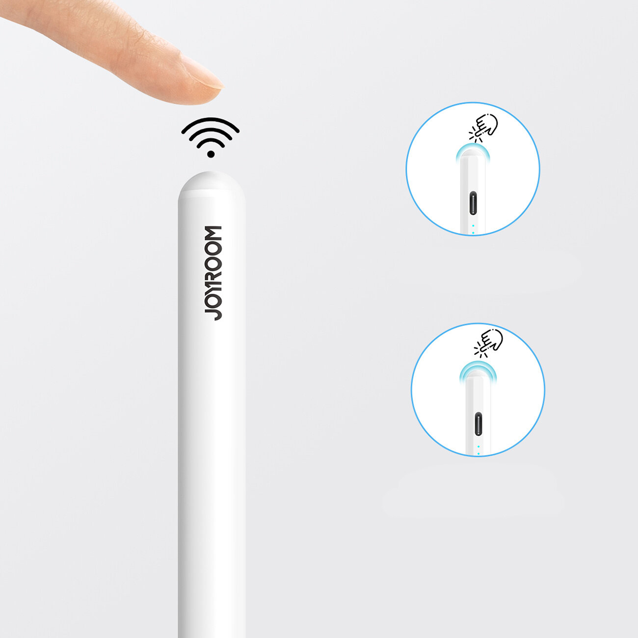 Biały rysik z napisem \'JOYROOM\' na tle, zbliżony do palca wskazującego. Obok znajdują się dwa okrągłe diagramy pokazujące interakcję z rysikiem.