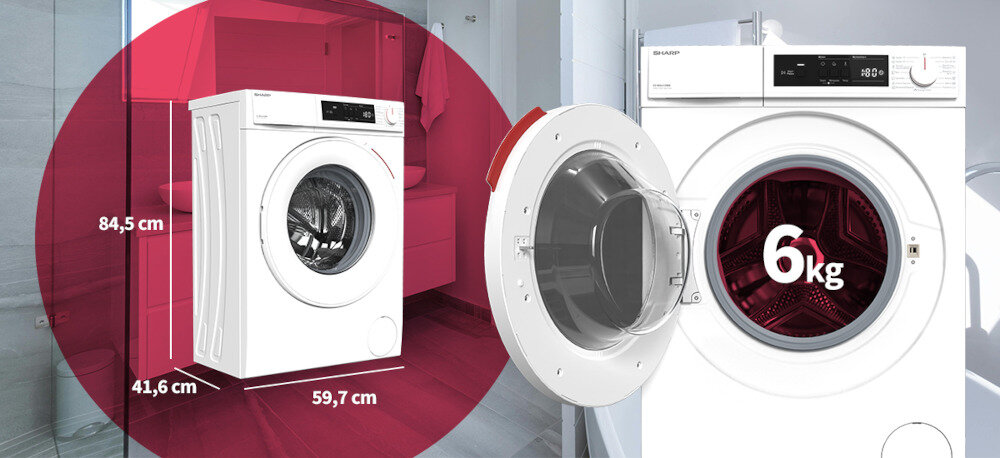 PRALKA SHARP ES-NFA612DWB-PL Na zdjęciu przedstawiona jest pralka wraz z jej wymiarami: wysokość 84,5 cm, szerokość 59,7 cm, głębokość 41,6 cm. Po prawej stronie widoczny jest otwarty bęben pralki z napisem informującym o ładowności 6 kg. Tło stanowi szara łazienka, a elementy graficzne dodatkowo podkreślają wymiary urządzenia pralka slim pojemność 6 kg kompaktowa konstrukcja mała łazienka oszczędność miejsca efektywność prania bęben 6 kg odzież ręczniki pościel wygoda użytkowania praktyczne rozwiązanie małe mieszkanie rodzina 2+2