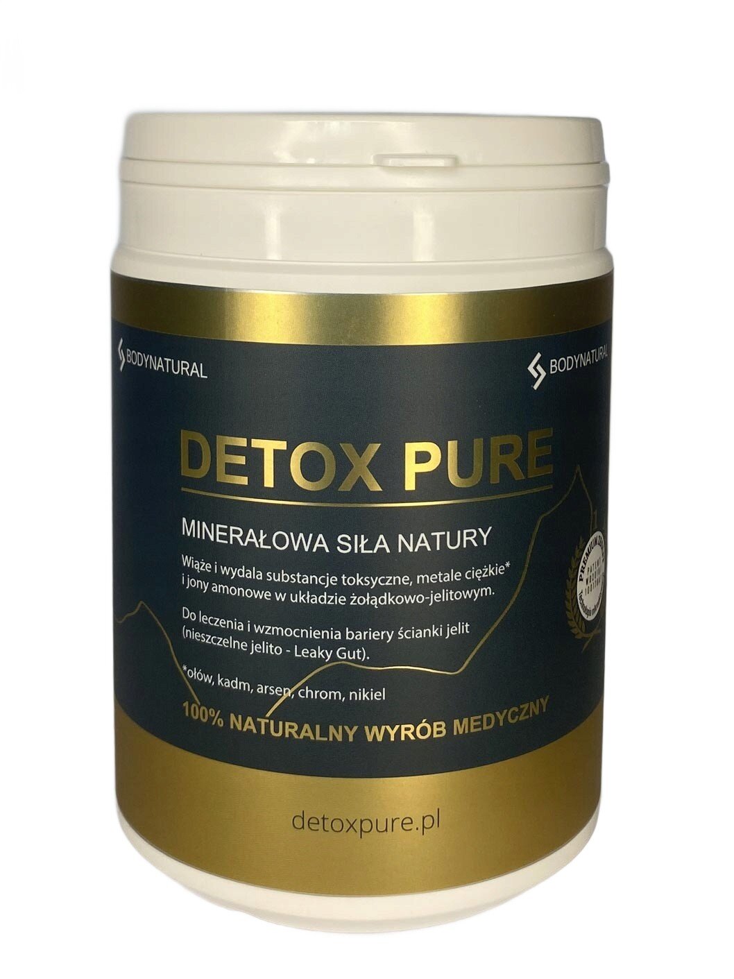 Opakowanie produktu Bodynatural Detox Pure 400g z napisem \'MINERAŁOWA SIŁA NATURY\'. Na etykiecie widnieje tekst: \'Wiąże i wydala substancje toksyczne, metale ciężkie i jony amonowe w układzie żołądkowo-jelitowym\'.