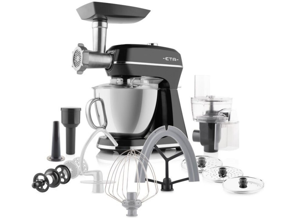 Czarny robot kuchenny planetarny z metalową misą i maszynką do mięsa, otoczony różnymi akcesoriami. Na urządzeniu widoczne jest logo \'ETA\'.