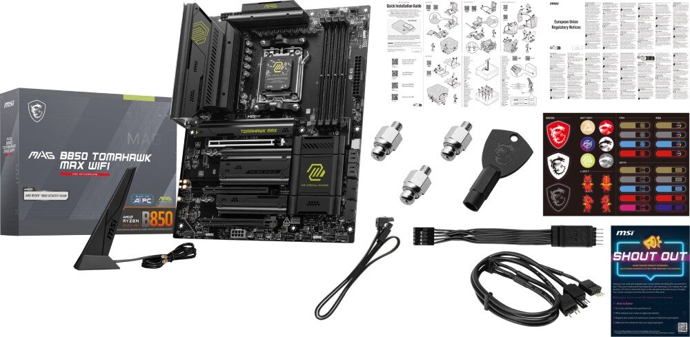 Płyta główna MSI MAG B850 TOMAHAWK MAX WIFI Zdjęcie płyty wraz z akcesoriami na białym tle