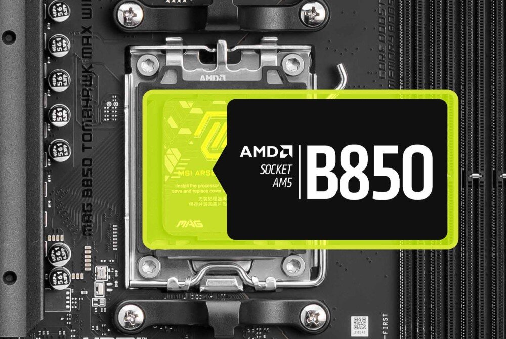 Płyta główna MSI MAG B850 TOMAHAWK MAX WIFI Zbliżenie na gniazdo procesora AM5 z oznaczeniem chipsetu B850. Elementy sekcji zasilania i mocowania chłodzenia są dobrze widoczne, kompatybilność, procesory, przeznaczenie