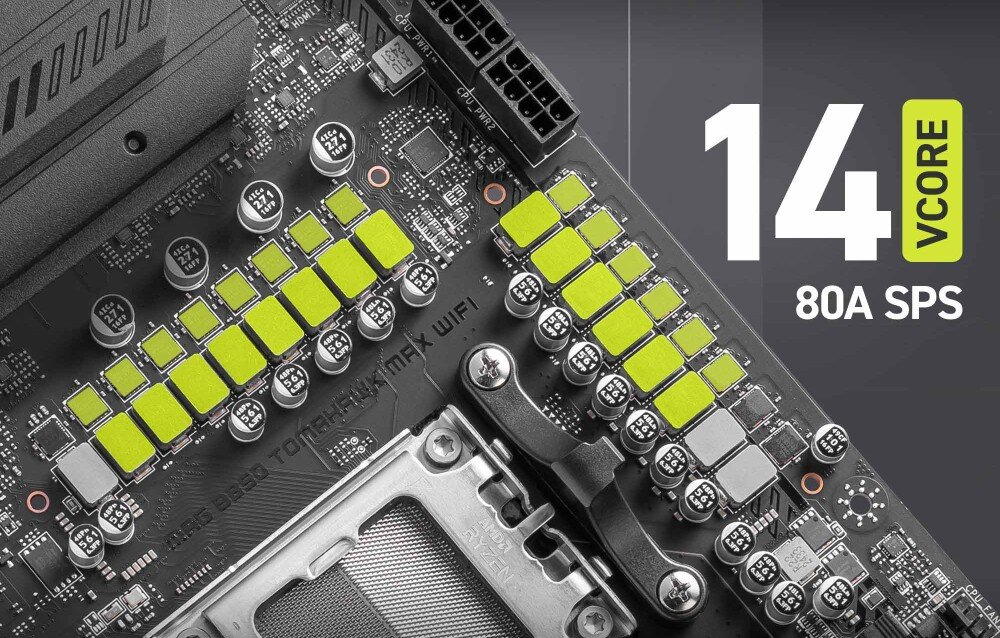 Płyta główna MSI MAG B850 TOMAHAWK MAX WIFI Zbliżenie na sekcję zasilania płyty głównej z 14-fazowym układem VRM. Komponenty zaznaczone na zielono, widoczne kondensatory i dławiki, układ zasilania, moc, technologie