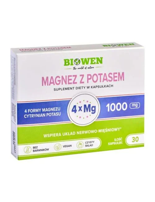 Opakowanie suplementu diety w kapsułkach \'Biowen Magnez z Potasem\'. Na opakowaniu widnieje napis: \'4 formy magnezu cytrynian potasu 1000 mg, wspiera układ nerwowo-mięśniowy, ilość kapsułek: 30\'.