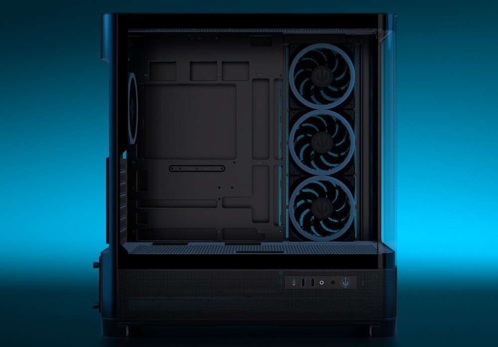 Obraz przedstawia wnętrze obudowy komputerowej z trzema widocznymi wentylatorami z podświetleniem LED. Obudowa ma przezroczysty panel boczny i minimalistyczny design.