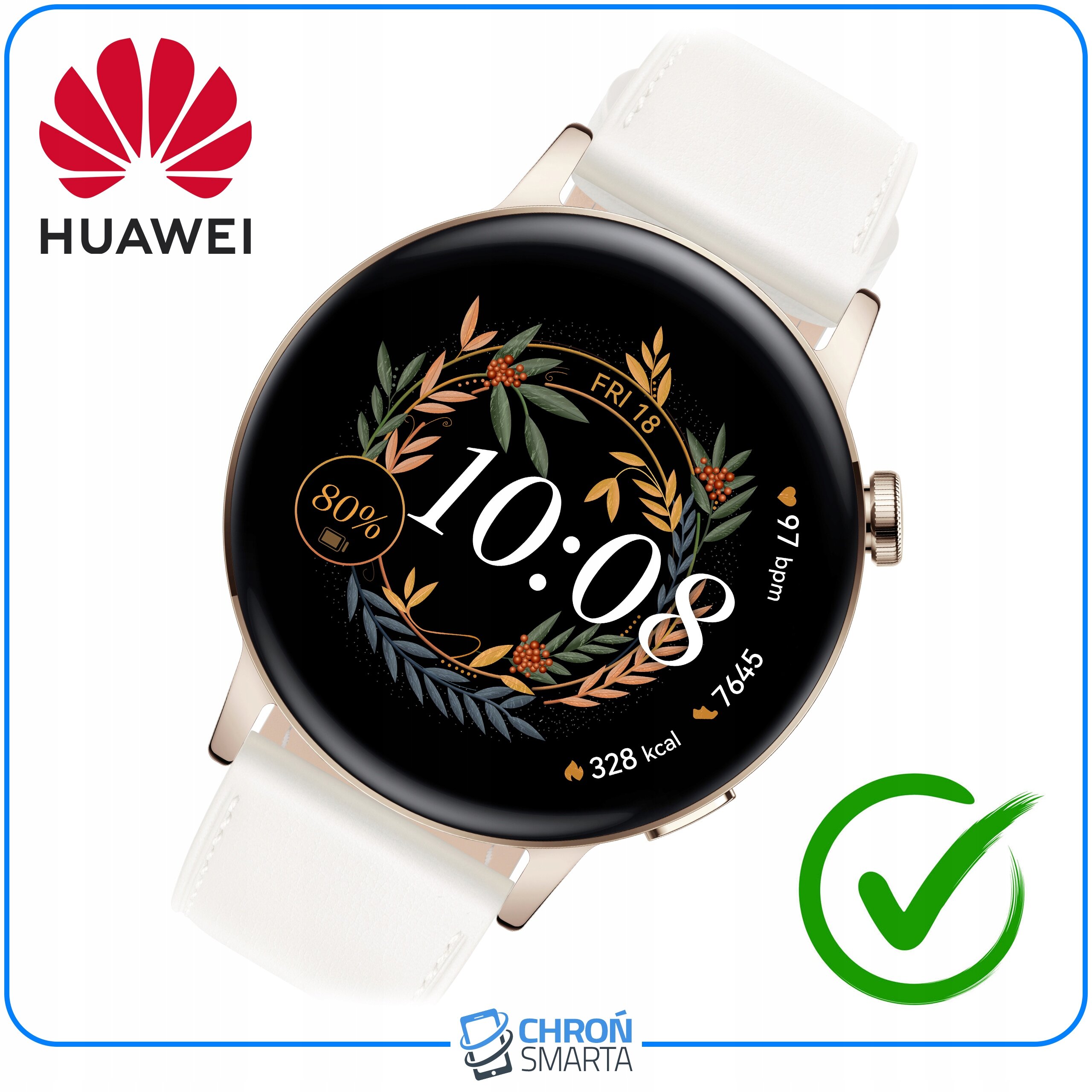 Smartwatch z beżowym paskiem i wyświetlaczem pokazującym godzinę 10:08 oraz informacje o stanie baterii, krokach i kaloriach. Widoczne logo Huawei i ChronSmarta oraz zielony symbol zatwierdzenia.