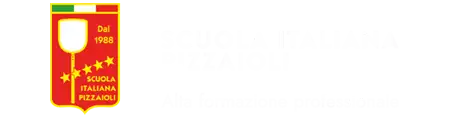 Logo z czerwonym tłem przedstawiające białą łopatkę do pizzy oraz napis \'Dal 1988 SCUOLA ITALIANA PIZZAIOLI\' z trzema żółtymi gwiazdkami.