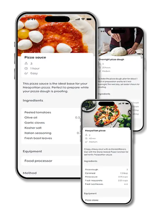 Na obrazie widoczne są trzy smartfony, na których wyświetlane są przepisy kulinarne, w tym \'Pizza sauce\' i \'Neapolitan pizza\'. Każdy ekran pokazuje składniki i instrukcje przygotowania potraw.
