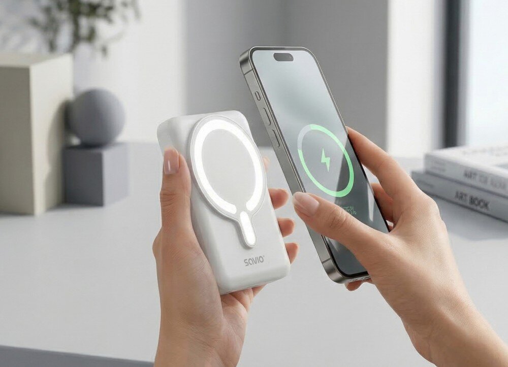 Powerbank SAVIO BA-13 Dłoń trzyma magnetyczny powerbank Savio i smartfon podczas bezprzewodowego ładowania indukcyjnego, pojemność, ogniwa