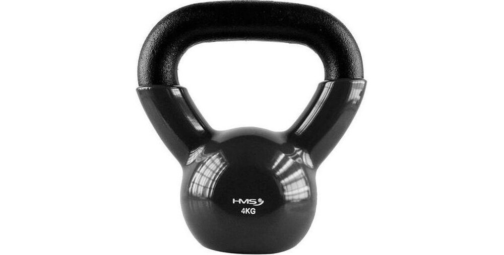 Kettlebell HMS KNV04 (4 kg) kettlebell na białym tle widoczny od przodu waga 4 kg kompleksowy trening siłowy i kondycyjny w domu lub siłowni ćwiczenia wielostawowe angażują mięśnie całego ciała wspomaga spalanie kalorii kształtuje sylwetkę wzmacnia mięśnie ramion nóg i tułowia lepsza sprawność w codziennych aktywnościach