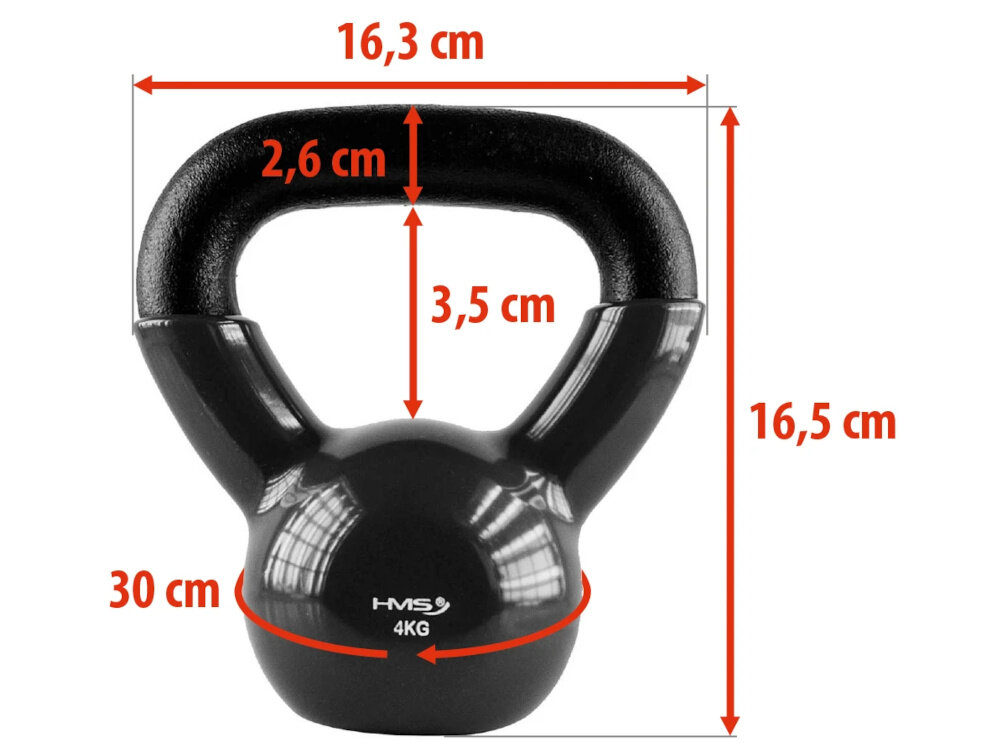 Kettlebell HMS KNV04 (4 kg) kettlebell na białym tle widoczny od przodu czerwone strzałki pokazujące wymiary waga 4 kg wysokość 16,5 cm szerokość 16,3 cm obwód 30 cm pełna kontrola podczas ćwiczeń stabilne płaskie dno ułatwia bezpieczne odstawianie i przechowywanie rozwija sprawność układu nerwowo-mięśniowego poprawia równowagę i koordynację ruchową zapobiega kontuzjom i wspiera sprawność