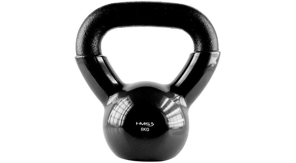 Kettlebell HMS KNV06 (6 kg) kettlebell na białym tle widoczny od przodu waga 6 kg kompleksowy trening siłowy i kondycyjny w domu lub siłowni ćwiczenia wielostawowe angażują mięśnie całego ciała wspomaga spalanie kalorii kształtuje sylwetkę wzmacnia mięśnie ramion nóg i tułowia lepsza sprawność w codziennych aktywnościach