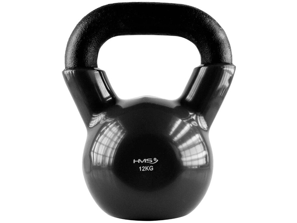 Kettlebell HMS KNV12 (12 kg) kettlebell na białym tle widoczny od przodu waga 12 kg kompleksowy trening siłowy i kondycyjny w domu lub siłowni ćwiczenia wielostawowe angażują mięśnie całego ciała wspomaga spalanie kalorii kształtuje sylwetkę wzmacnia mięśnie ramion nóg i tułowia lepsza sprawność w codziennych aktywnościach