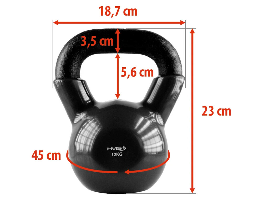 Kettlebell HMS KNV12 (12 kg) kettlebell na białym tle widoczny od przodu czerwone strzałki pokazujące wymiary waga 12 kg wysokość 23 cm szerokość 18,7 cm obwód 45 cm pełna kontrola podczas ćwiczeń stabilne płaskie dno ułatwia bezpieczne odstawianie i przechowywanie rozwija sprawność układu nerwowo-mięśniowego poprawia równowagę i koordynację ruchową zapobiega kontuzjom i wspiera sprawność