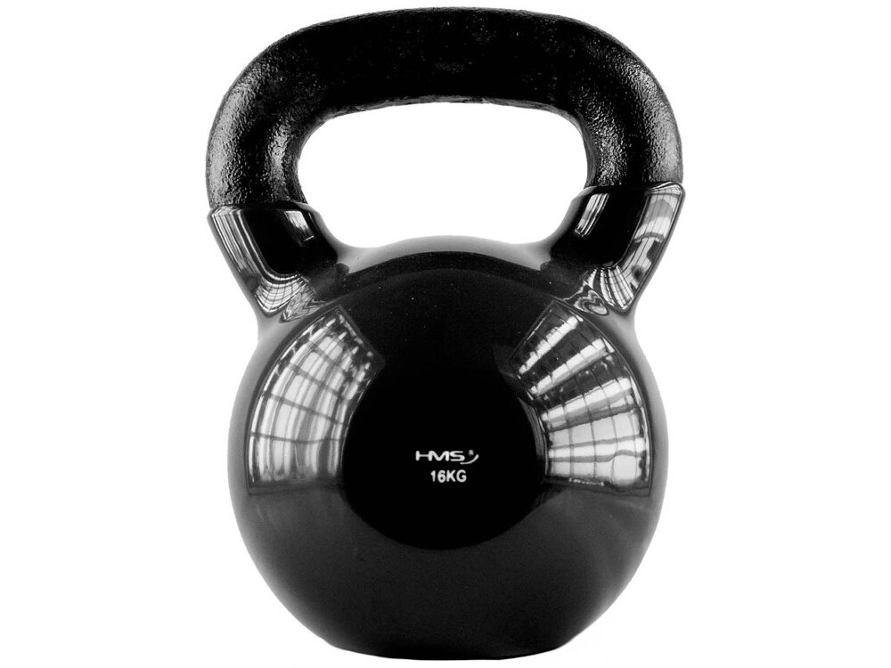 Kettlebell HMS KNV16 (16 kg) kettlebell na białym tle widoczny od przodu waga 16 kg kompleksowy trening siłowy i kondycyjny w domu lub siłowni ćwiczenia wielostawowe angażują mięśnie całego ciała wspomaga spalanie kalorii kształtuje sylwetkę wzmacnia mięśnie ramion nóg i tułowia lepsza sprawność w codziennych aktywnościach