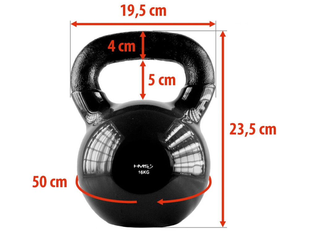 Kettlebell HMS KNV16 (16 kg) kettlebell na białym tle widoczny od przodu czerwone strzałki pokazujące wymiary waga 16 kg wysokość 23,5 cm szerokość 19,5 cm obwód 50 cm pełna kontrola podczas ćwiczeń stabilne płaskie dno ułatwia bezpieczne odstawianie i przechowywanie rozwija sprawność układu nerwowo-mięśniowego poprawia równowagę i koordynację ruchową zapobiega kontuzjom i wspiera sprawność