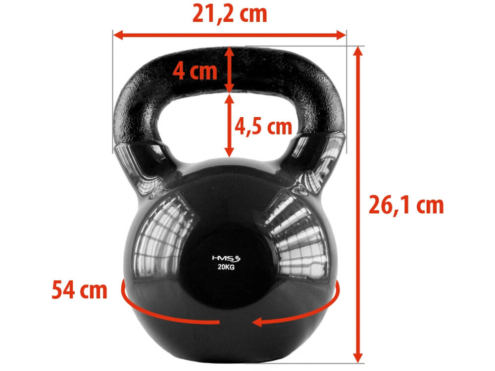 Kettlebell HMS KNV20 (20 kg) kettlebell na białym tle widoczny od przodu waga 20 kg kompleksowy trening siłowy i kondycyjny w domu lub siłowni ćwiczenia wielostawowe angażują mięśnie całego ciała wspomaga spalanie kalorii kształtuje sylwetkę wzmacnia mięśnie ramion nóg i tułowia lepsza sprawność w codziennych aktywnościach