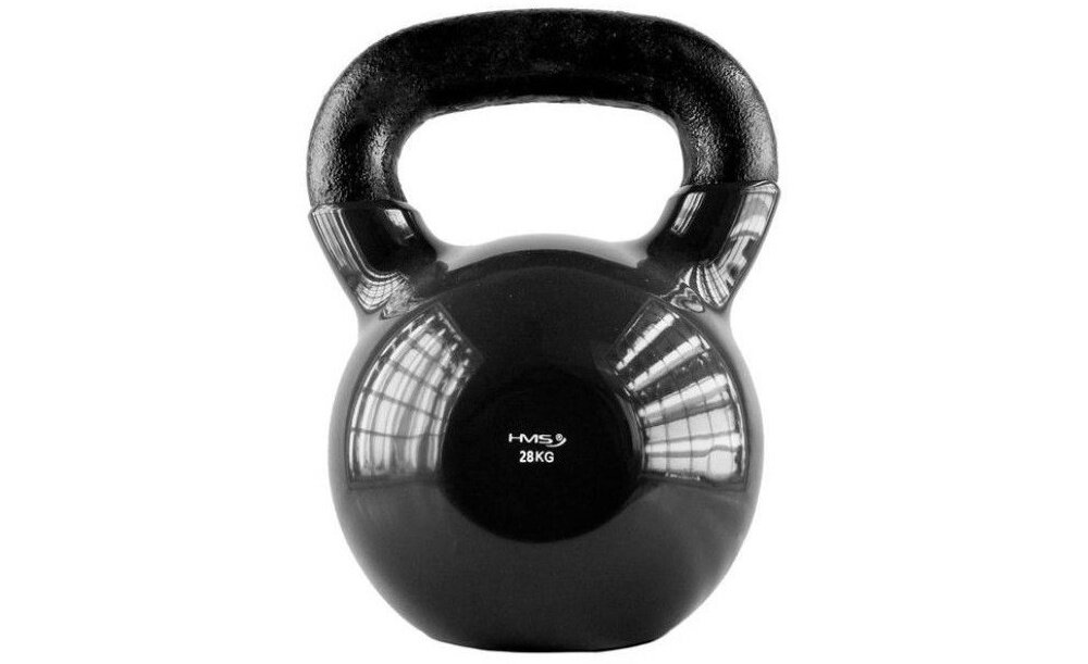 Kettlebell HMS KNV28 (28 kg) kettlebell na białym tle widoczny od przodu waga 28 kg kompleksowy trening siłowy i kondycyjny w domu lub siłowni ćwiczenia wielostawowe angażują mięśnie całego ciała wspomaga spalanie kalorii kształtuje sylwetkę wzmacnia mięśnie ramion nóg i tułowia lepsza sprawność w codziennych aktywnościach