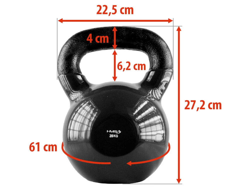 Kettlebell HMS KNV28 (28 kg) kettlebell na białym tle widoczny od przodu czerwone strzałki pokazujące wymiary waga 28 kg wysokość 27,2 cm szerokość 22,5 cm obwód 61 cm pełna kontrola podczas ćwiczeń stabilne płaskie dno ułatwia bezpieczne odstawianie i przechowywani rozwija sprawność układu nerwowo-mięśniowego poprawia równowagę i koordynację ruchową zapobiega kontuzjom i wspiera sprawność