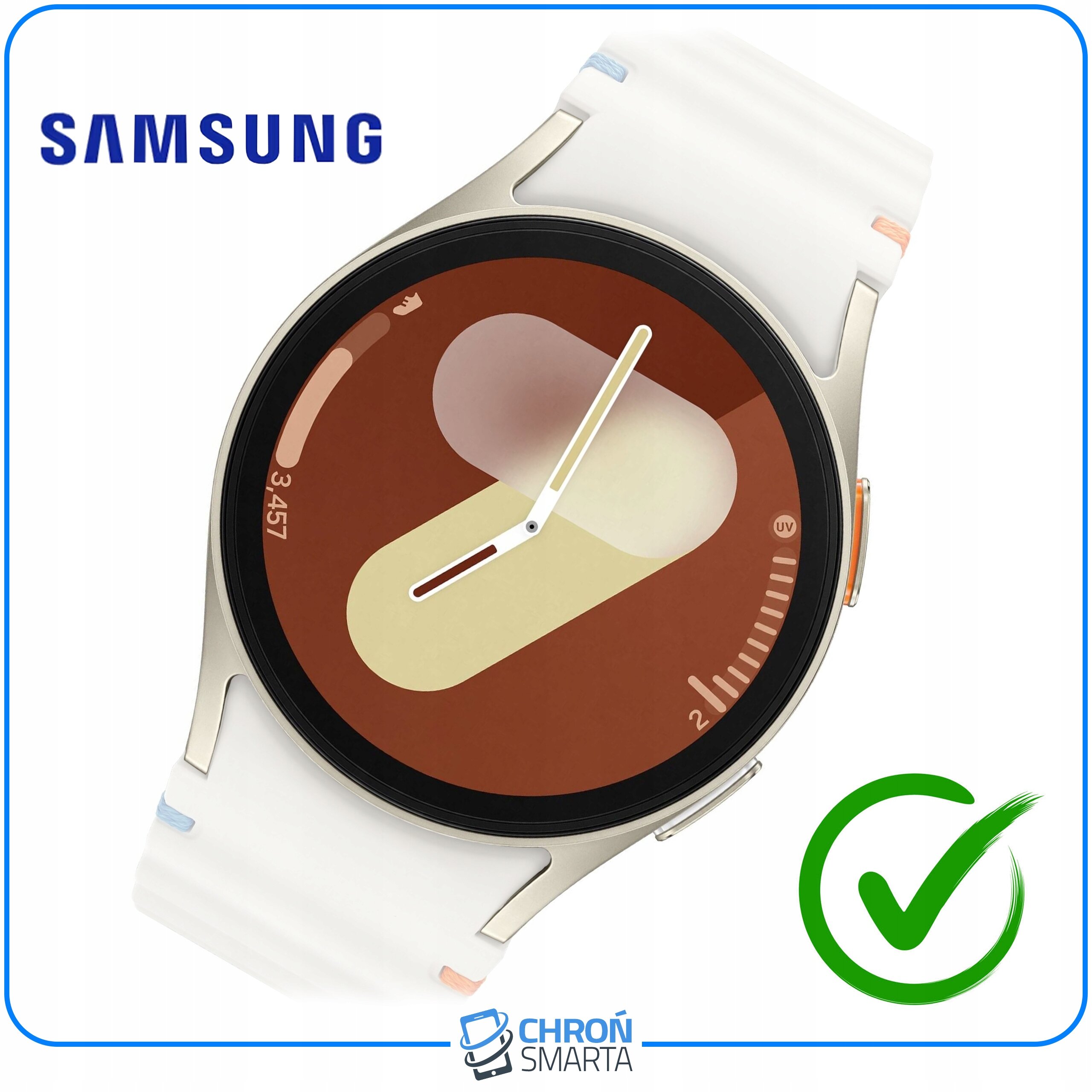 Zegarek Samsung z białym paskiem i kolorową tarczą, obok logo Samsung i ChronSmarta. Widoczny zielony symbol zatwierdzenia w formie okręgu z haczykiem.
