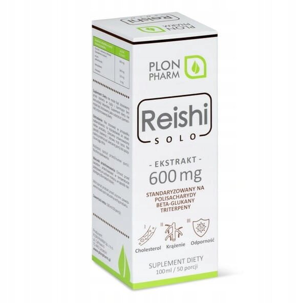 Opakowanie suplementu diety Plon Pharm Reishi Solo, zawierające ekstrakt 600 mg standaryzowany na polisacharydy, beta-glukany i triterpeny. Na opakowaniu widoczne są ikony symbolizujące cholesterol, krążenie i odporność oraz napis \'SUPLEMENT DIETY 100 ml / 50 porcji\'.