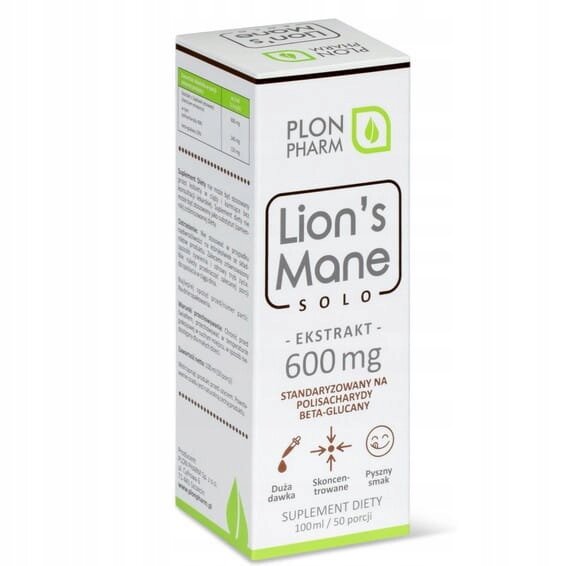Opakowanie suplementu diety Plon Pharm Lion\'s Mane Solo, ekstrakt 600 mg, standaryzowany na polisacharydy beta-glukany. Widoczne są ikony z napisami: Duża dawka, Skoncentrowane, Pyszny smak.