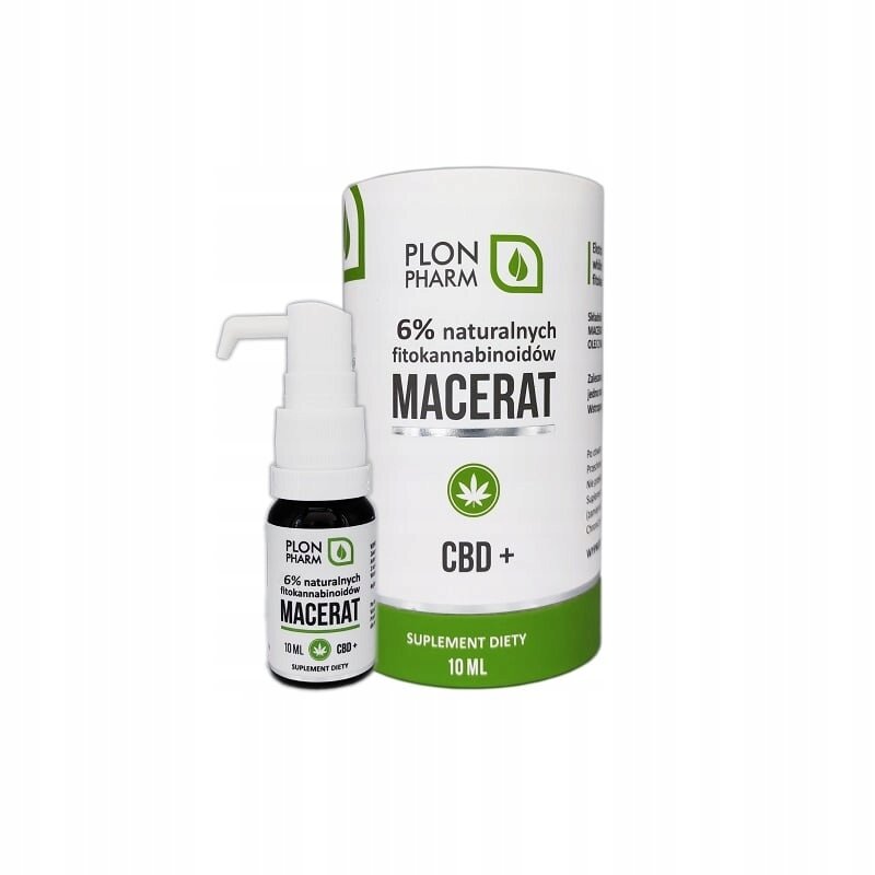 Na obrazie widoczny jest produkt Plon Pharm Macerat CBD+ 6% w opakowaniu 10 ml. Na etykiecie znajduje się tekst: \'6% naturalnych fitokannabinoidów MACERAT CBD+ SUPLEMENT DIETY 10 ML\'.