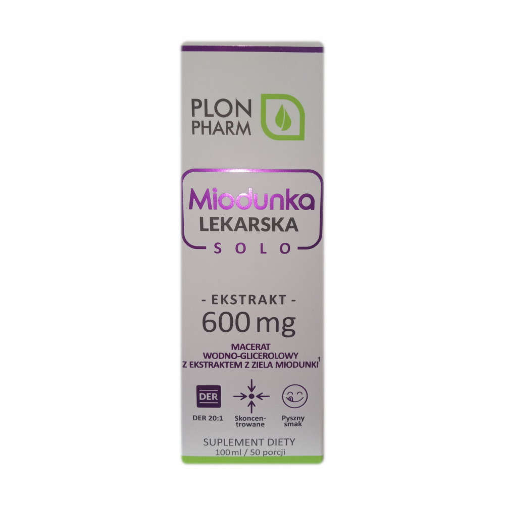 Opakowanie produktu Plon Pharm Miodunka Lekarska Solo, zawierające informacje o ekstrakcie 600 mg i maceracie wodno-glicerolowym z ziela miodunki. Na opakowaniu widnieją symbole: DER 20:1, Skoncentrowane, Pyszny smak oraz napis \'SUPLEMENT DIETY 100 ml / 50 porcji\'.