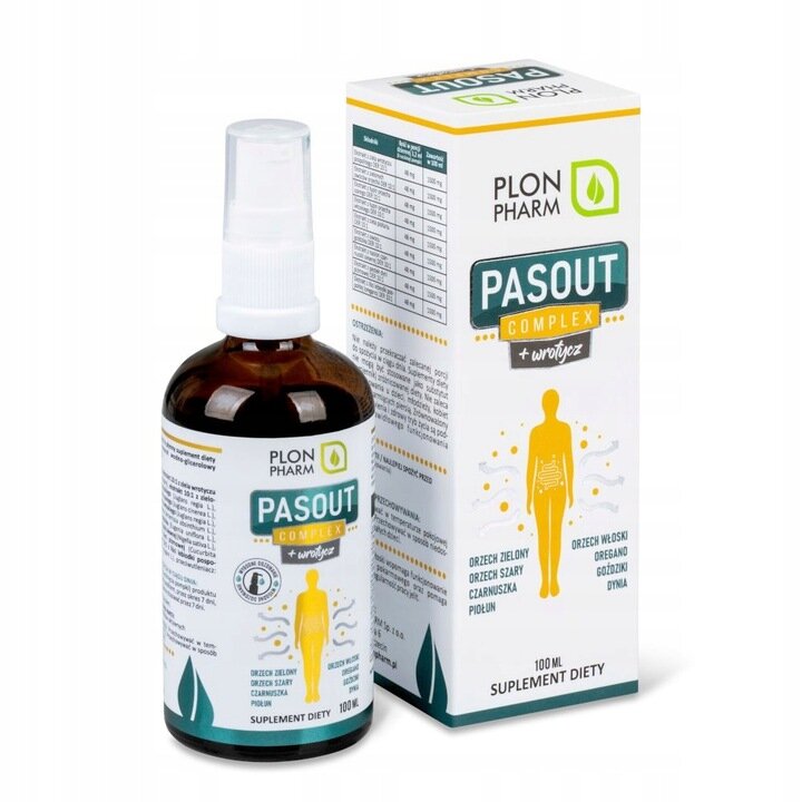 Na obrazie znajduje się butelka i pudełko produktu Plon Pharm Pasout Complex + wrotycz. Na opakowaniu widoczny jest tekst: \'Orzech zielony, orzech szary, czarnuszka, piołun, orzech włoski, oregano, goździki, dynia\'.