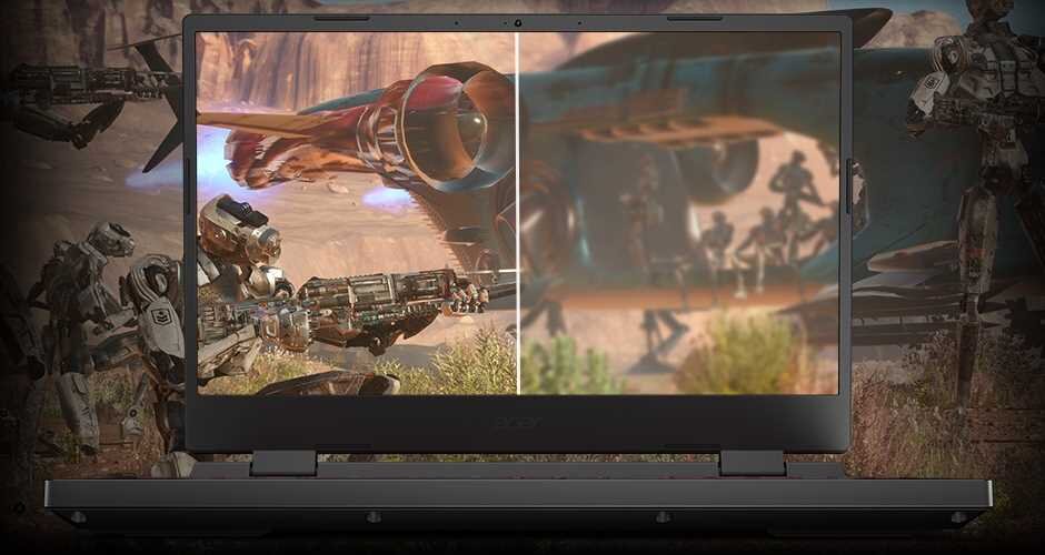 Na obrazie widoczny jest laptop z ekranem wyświetlającym scenę z gry, podzieloną na dwie części z różnym poziomem szczegółowości. W tle znajdują się postacie i maszyny w scenerii przypominającej pustynię.