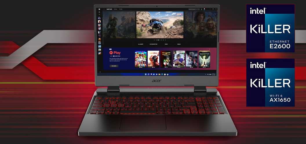 Laptop z czerwonym podświetleniem klawiatury wyświetla ekran z grami. Obok znajdują się dwa logo: \'intel KiLLER ETHERNET E2600\' i \'intel KiLLER WI-FI 6 AX1650\'.