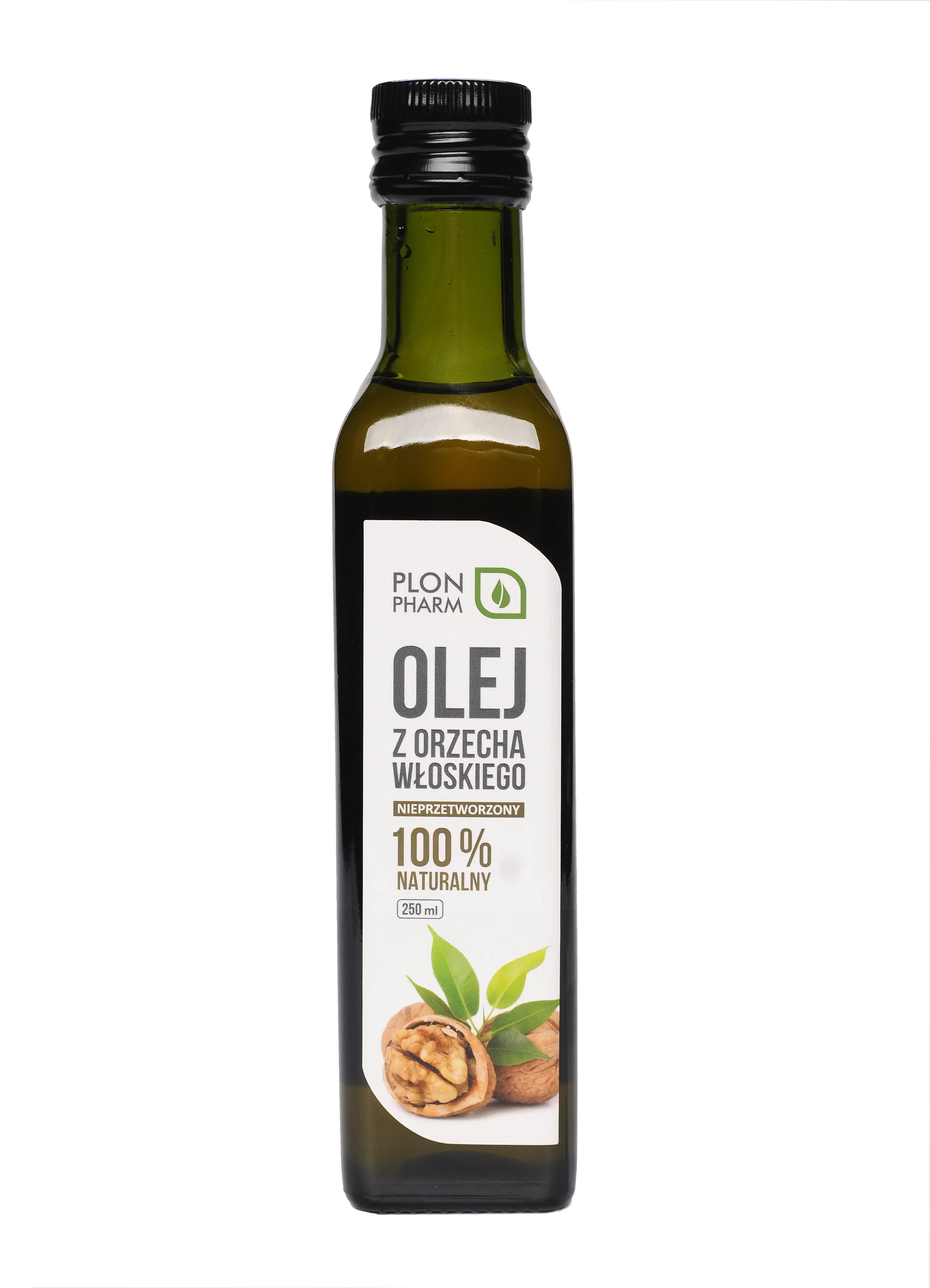 Butelka z ciemnego szkła z etykietą \'PLON PHARM OLEJ Z ORZECHA WŁOSKIEGO NIEPRZETWORZONY 100% NATURALNY 250 ml\'. Na etykiecie widoczny jest obrazek orzecha włoskiego z liśćmi.