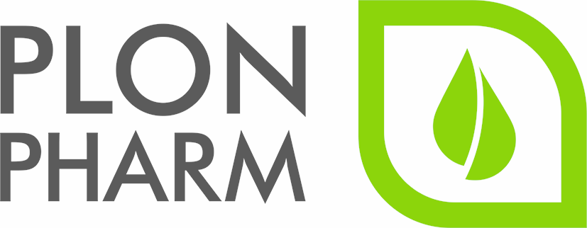 Logo z napisem \'PLON PHARM\' w kolorze szarym obok zielonego symbolu kropli w liściu.