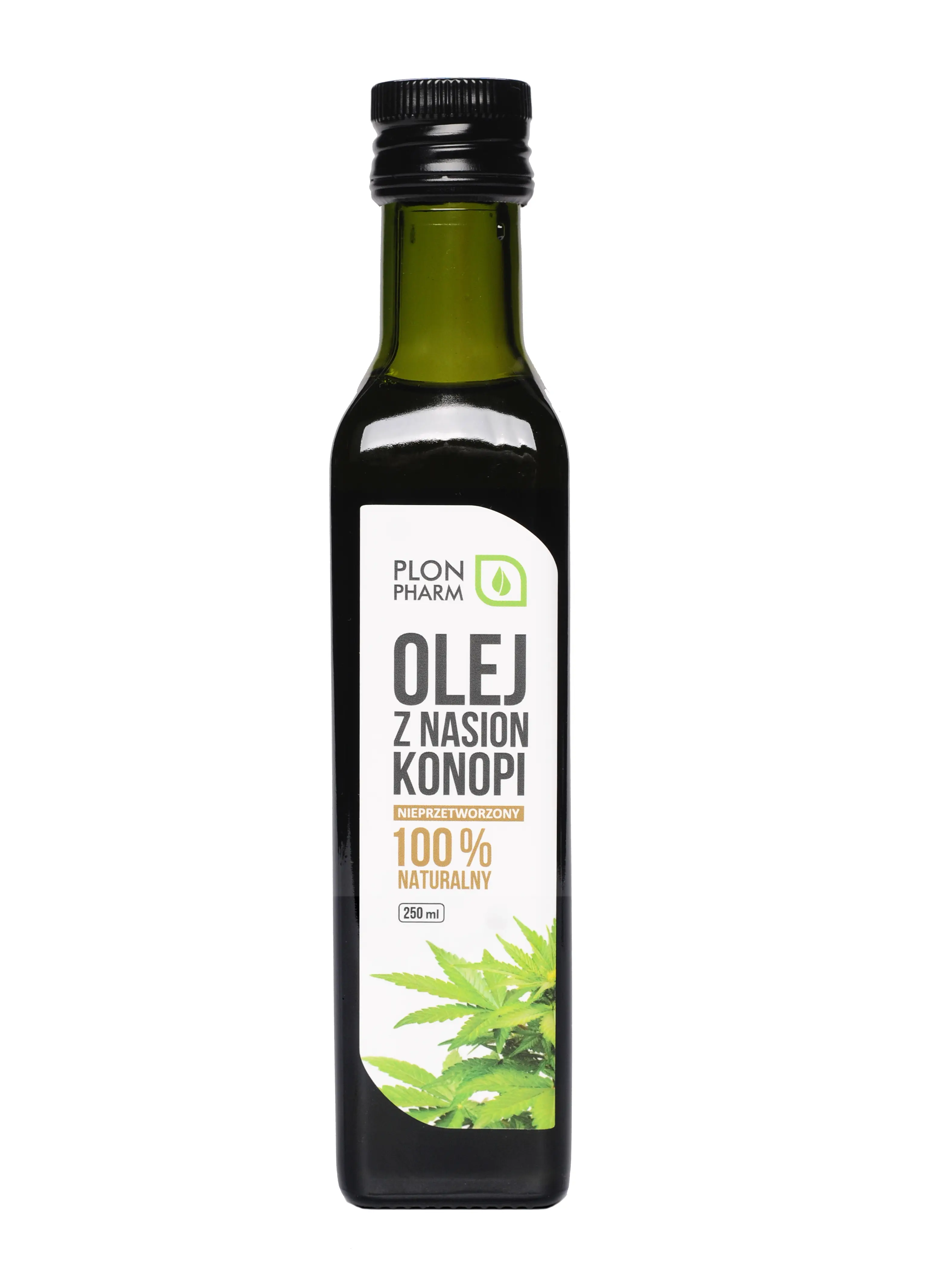 Butelka z ciemnego szkła z etykietą \'Plon Pharm Olej z Nasion Konopi Nieprzetworzony 100% Naturalny 250 ml\'. Na etykiecie widoczny jest również zielony liść konopi.