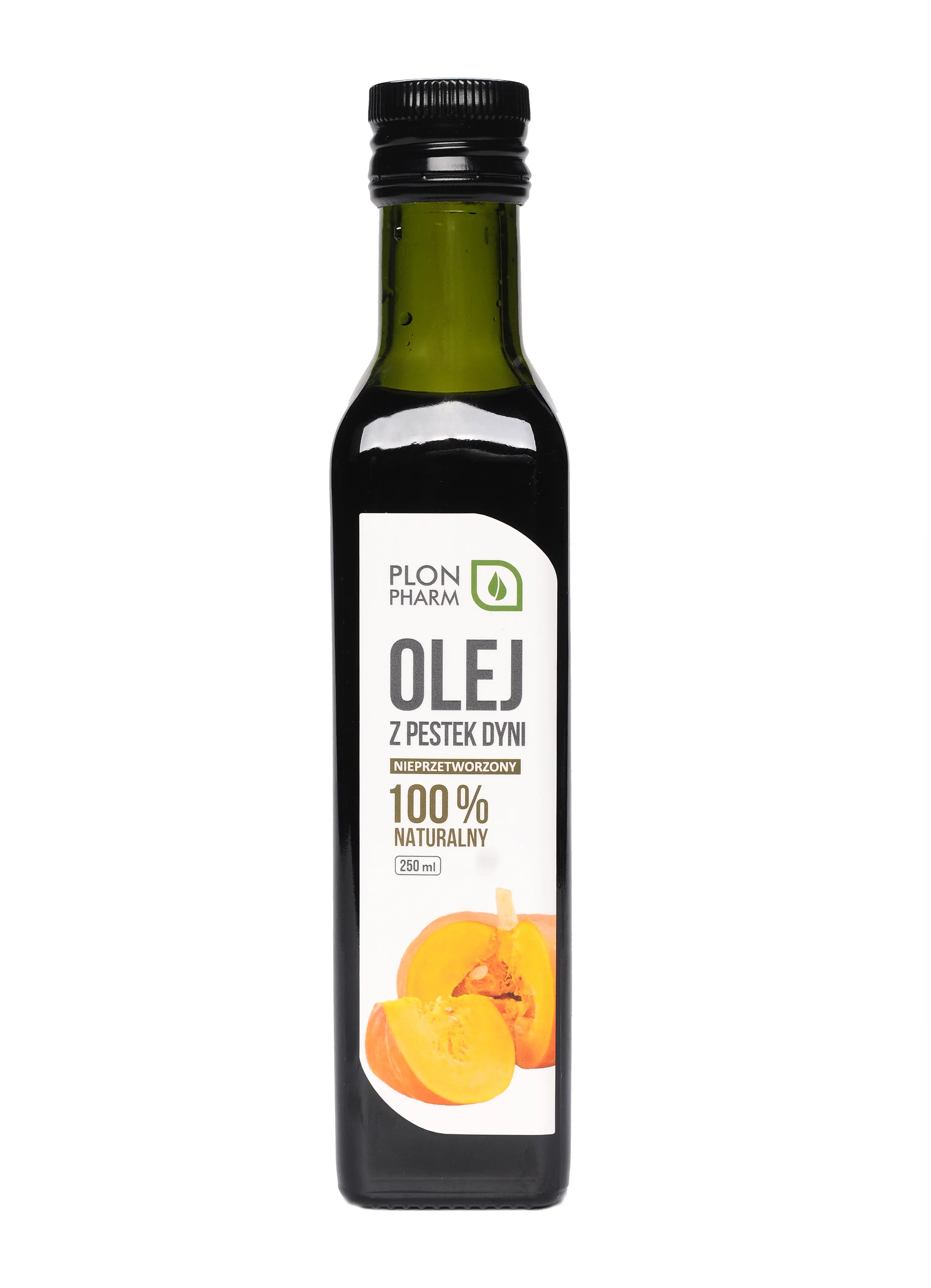 Butelka oleju z pestek dyni marki Plon Pharm o pojemności 250 ml. Etykieta zawiera napisy: \'OLEJ Z PESTEK DYNI\', \'NIEPRZETWORZONY\', \'100% NATURALNY\', oraz grafikę dyni.