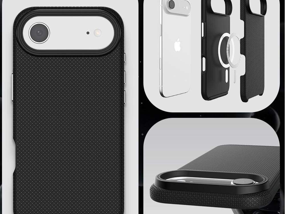 Obraz przedstawia czarne etui na telefon z teksturowaną powierzchnią, widoczne z różnych perspektyw. Etui ma wycięcia na aparat i przyciski boczne.