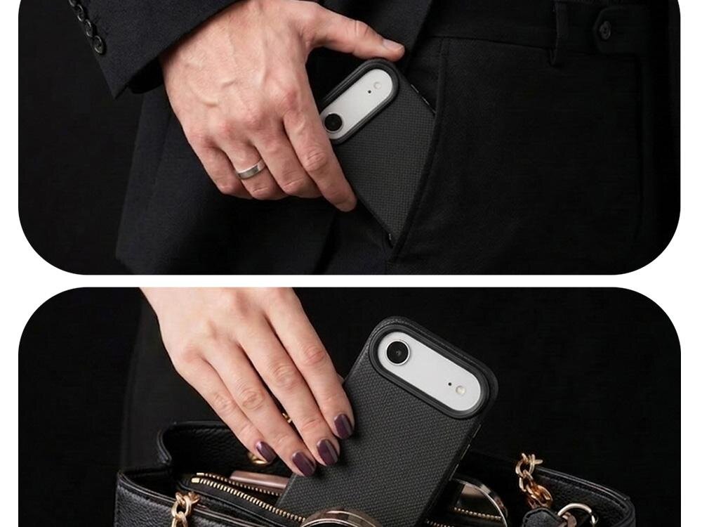 Na obrazie widać dwie osoby trzymające telefon w czarnym etui; jedna wkłada telefon do kieszeni, a druga do torebki.